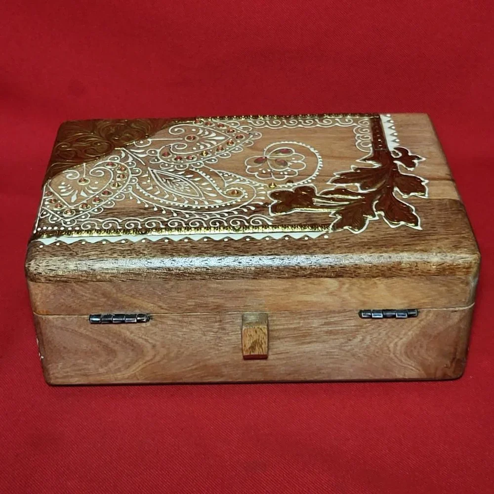 VTG Wooden Jewelry Keepsake Trinket Box White Gold Floral Design